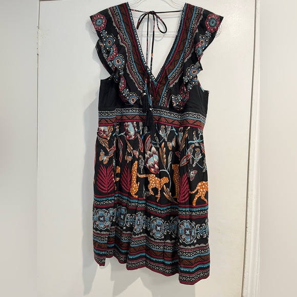 Anthropologie Black Floral & Animal Print Deep V Front Dress Sz. M‎ - Picture 5 of 11